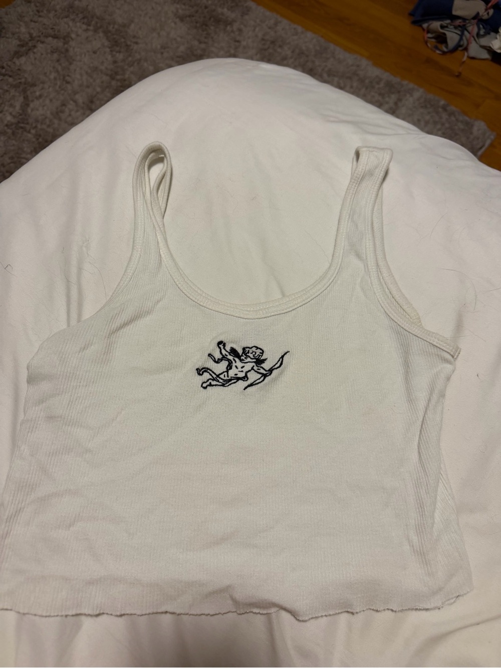 Hollister White Ribbed Crop Tank with Black Cherub Embroidery